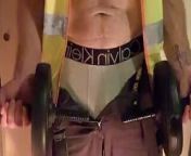 Request to wear his tradie gear and to strip while using dumbbells from hot body builder gay bulge dancing
