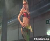 Slutty stripper oiling her sexy body on the stage from nude stage dance and sex