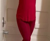 Hot girl desperate to pee in tight red yoga pants from bursting to pee