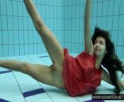 Sexy brunette Anna in red dress swimming from swimming pool hot sex show