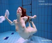 Redhead Marketa in a white dress in the pool from young boys swimming naked in