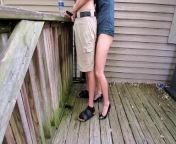 Holding my boyfriend&apos;s dick while he pisses off the deck | outside piss | high heels | sexy legs from saroj conv
