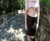 Public flashing No Bra Boobs on sidewalk and piss standing in a skirt - SUPER HOT BRALESS from voyeur pee