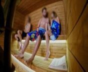 SAUNA ADVENTURE PT1: I show my hard cock to three people in the sauna from public nudity on main thoroughfair
